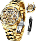 OLEVS Relojes automáticos para hombre esqueleto dorado acero inoxidable
