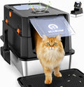 Caja de arena de acero inoxidable con tapa, caja de arena de metal cerrada anti-fugas, bandeja de arena extragrande para gato con pala y pedal de apertura abatible, sin olores, entrada frontal y superior dual, negro