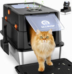 Caja de arena de acero inoxidable con tapa, caja de arena de metal cerrada anti-fugas, bandeja de arena extragrande para gato con pala y pedal de apertura abatible, sin olores, entrada frontal y superior dual, negro