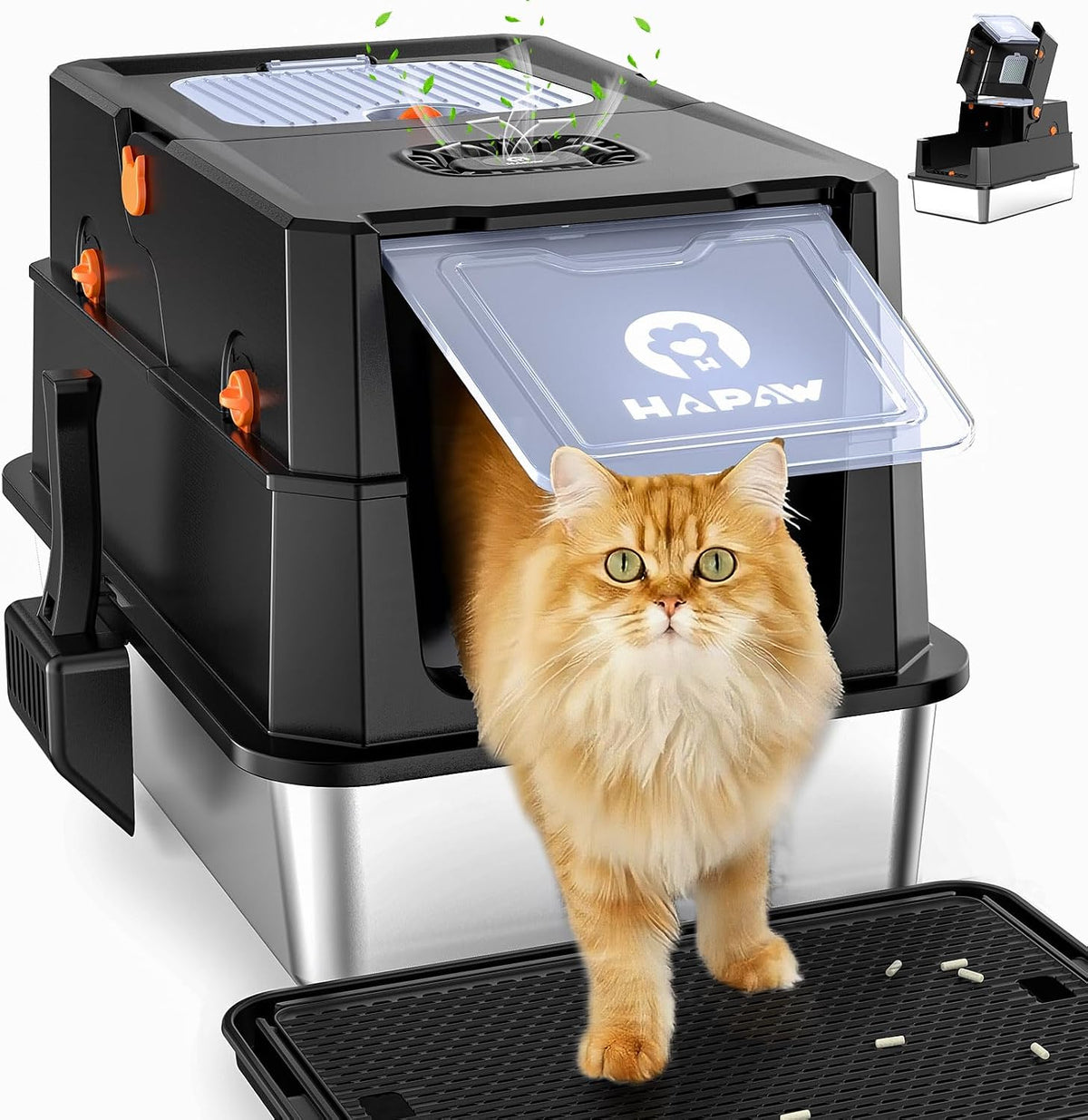Caja de arena de acero inoxidable con tapa, caja de arena de metal cerrada anti-fugas, bandeja de arena extragrande para gato con pala y pedal de apertura abatible, sin olores, entrada frontal y superior dual, negro