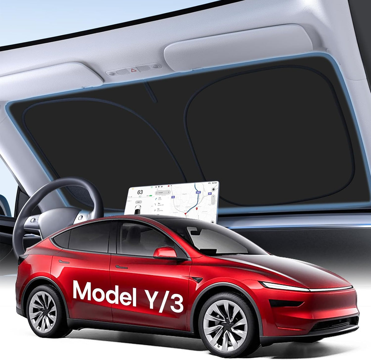 Parasol para parabrisas para Tesla modelo Y/3 2016-2026 (Juniper/Highland), [100% bloqueador solar y antiarrugas] protección UV, aislamiento térmico, cubierta de ventana delantera para Tesla