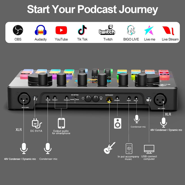 SquarockTek Paquete de equipo de podcast para 4, mezclador de audio...