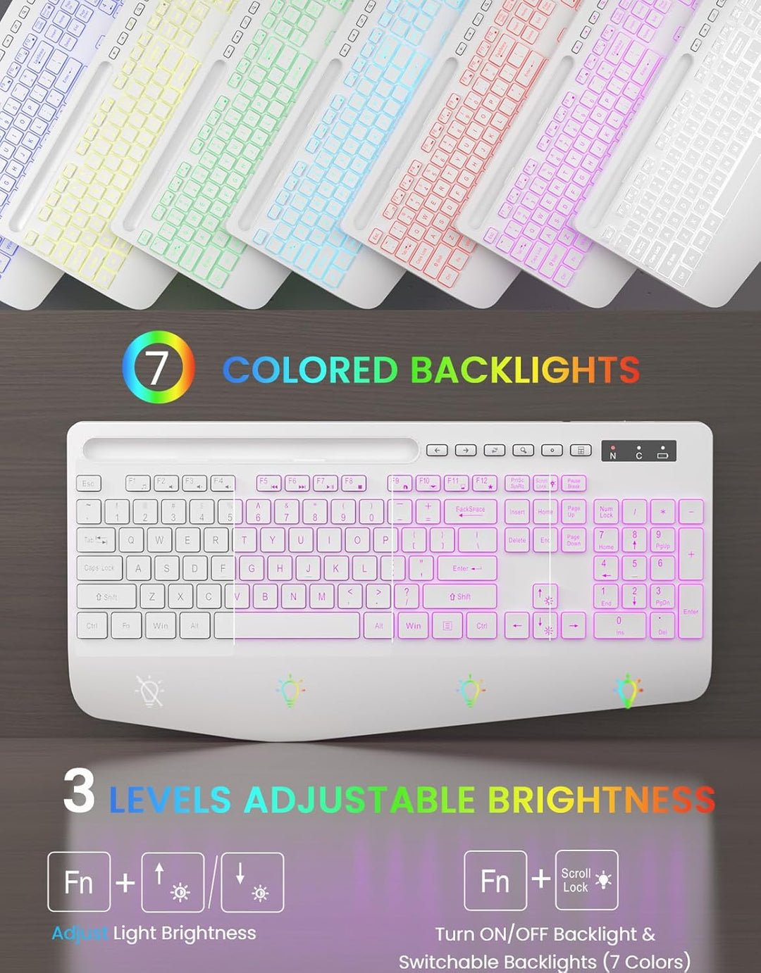 Teclado inalámbrico con retroiluminación de 7 colores, reposamuñeca...