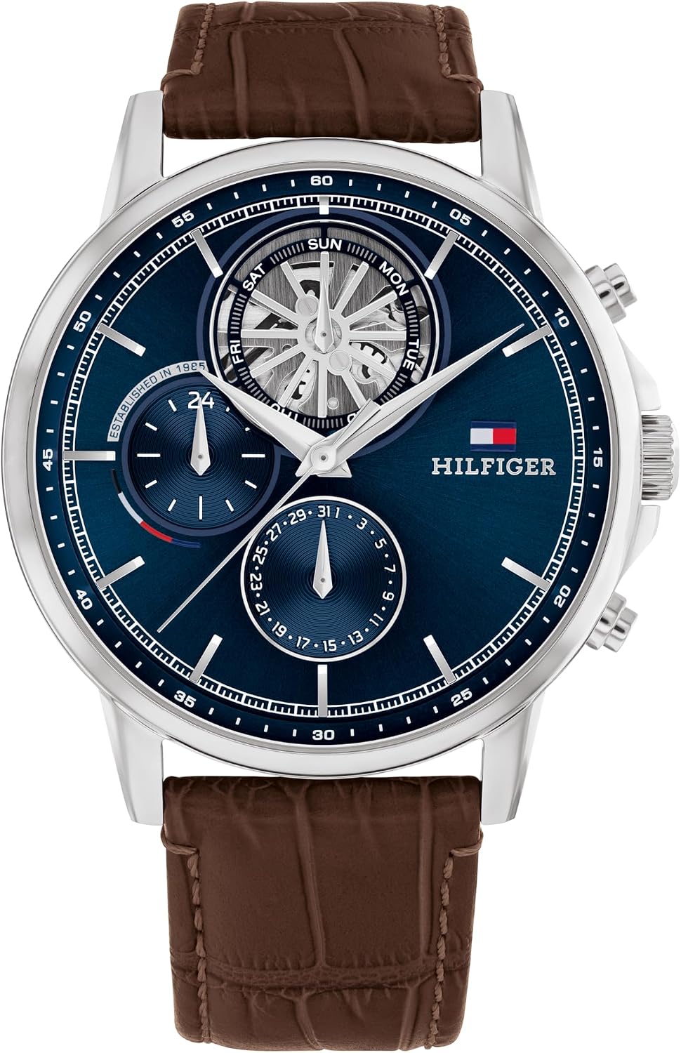 Tommy Hilfiger Reloj para hombre – Caja de acero inoxidable multifunción de cuarzo de 1.732 in, esfera de doble capa con acabado de rayos solares o esmalte, subesferas de corte CD, correa de cuero