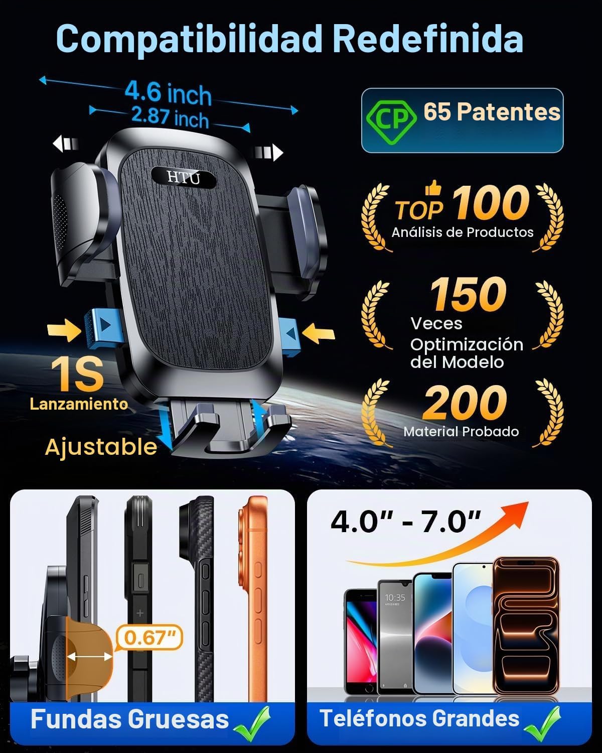 Soporte de teléfono para automóvil【2026 mejorado 100+lbs de succión y seguridad cert】 Soporte de teléfono celular para camión Soporte de teléfono resistente para tablero, parabrisas/ventilación para iPhone 17 16 Pro Max, negro azabache