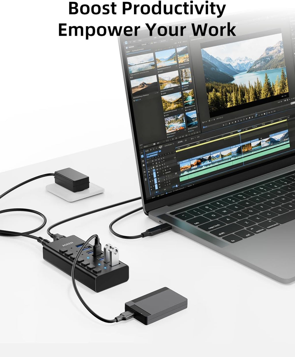 AGEEN, hub USB 3.2 de 7 puertos, alimentado, adaptador 12V/2A