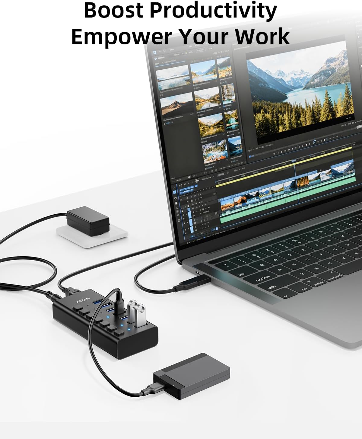 AGEEN, hub USB 3.2 de 7 puertos, alimentado, adaptador 12V/2A