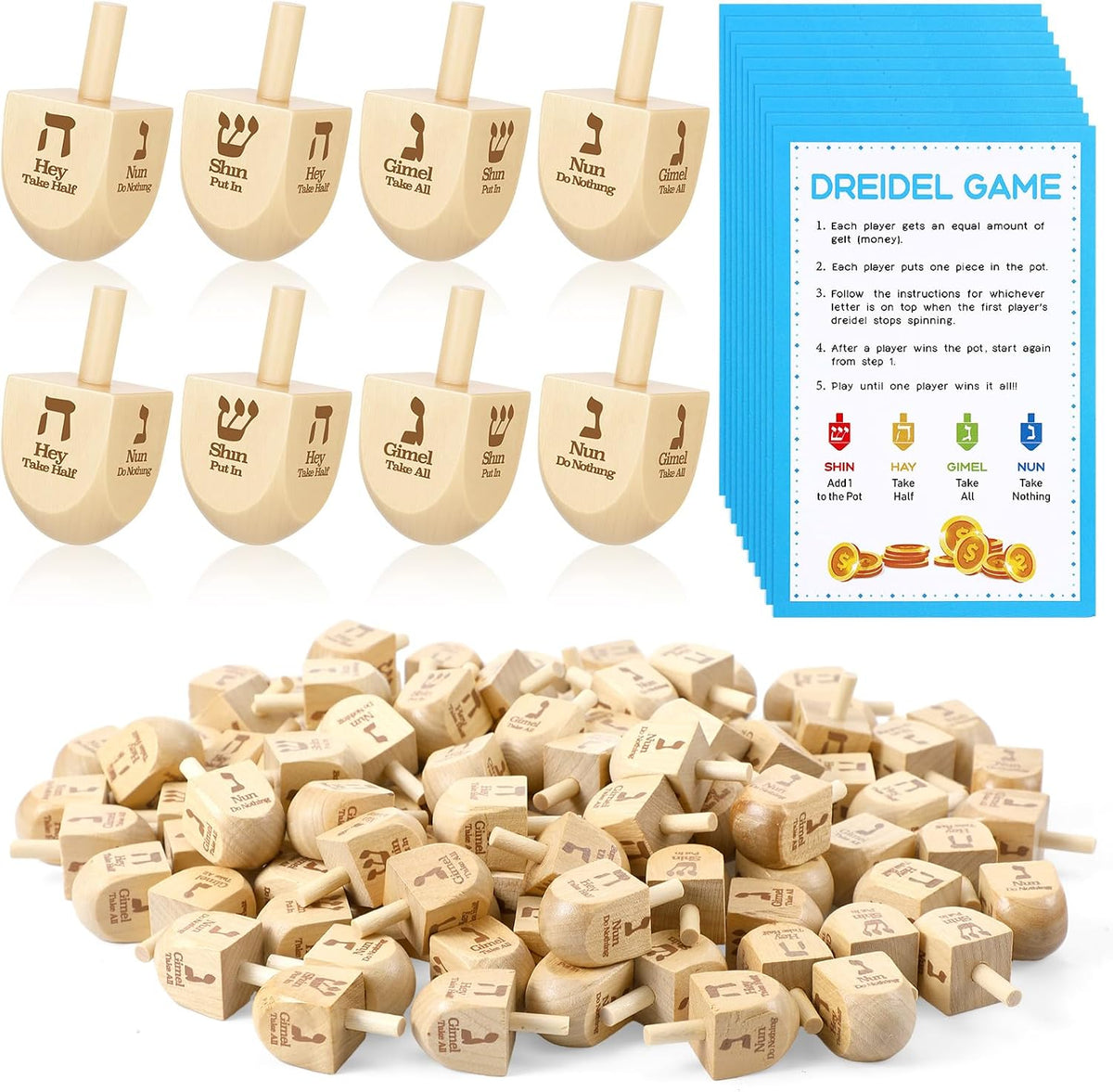 Wettarn 100 piezas de Dreidels de Hanukkah a granel Dreidels de madera de Hanukkah con tarjetas de instrucciones de juego para juego de fiesta (Tamaño 1, estilo básico)