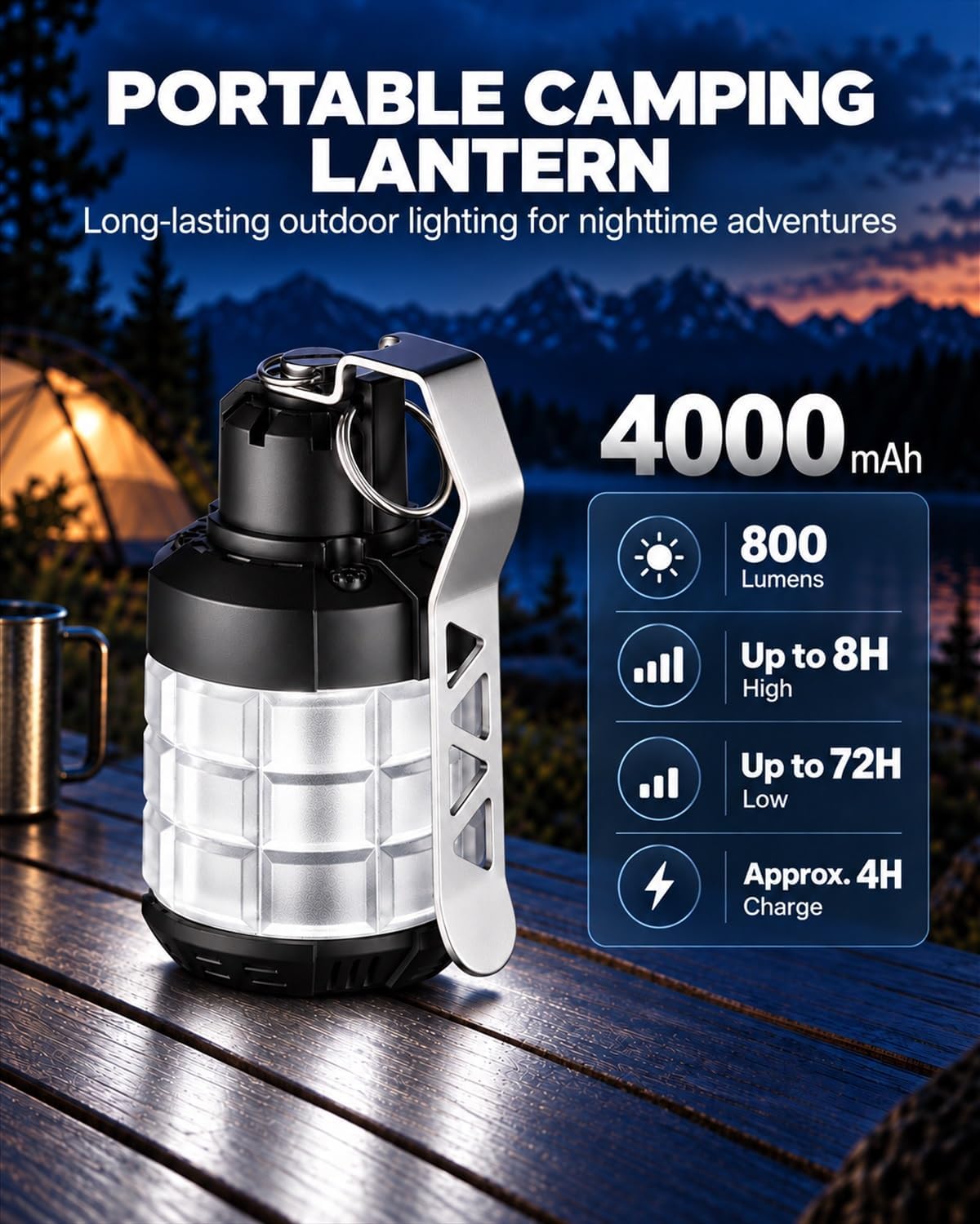 Lámpara Linterna de camping recargable, luz LED portátil para acampar