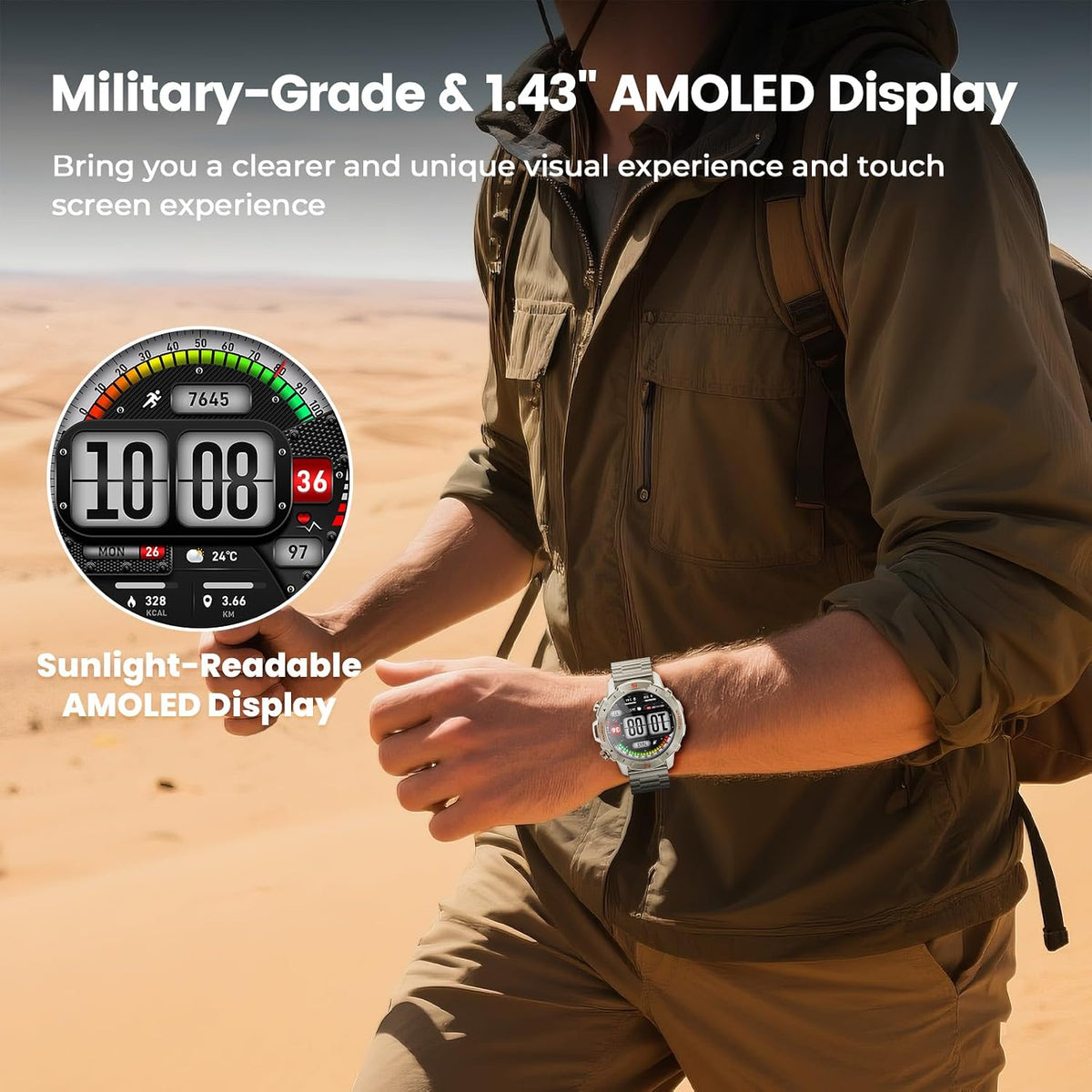 Reloj inteligente plateado para hombre, AMOLED de 1.43 pulgadas