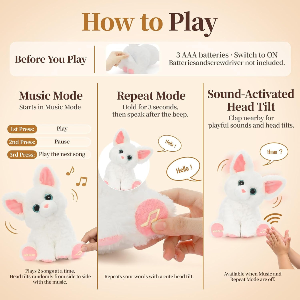 Juguete de peluche blanco del gato, 10" juguete musical interactivo