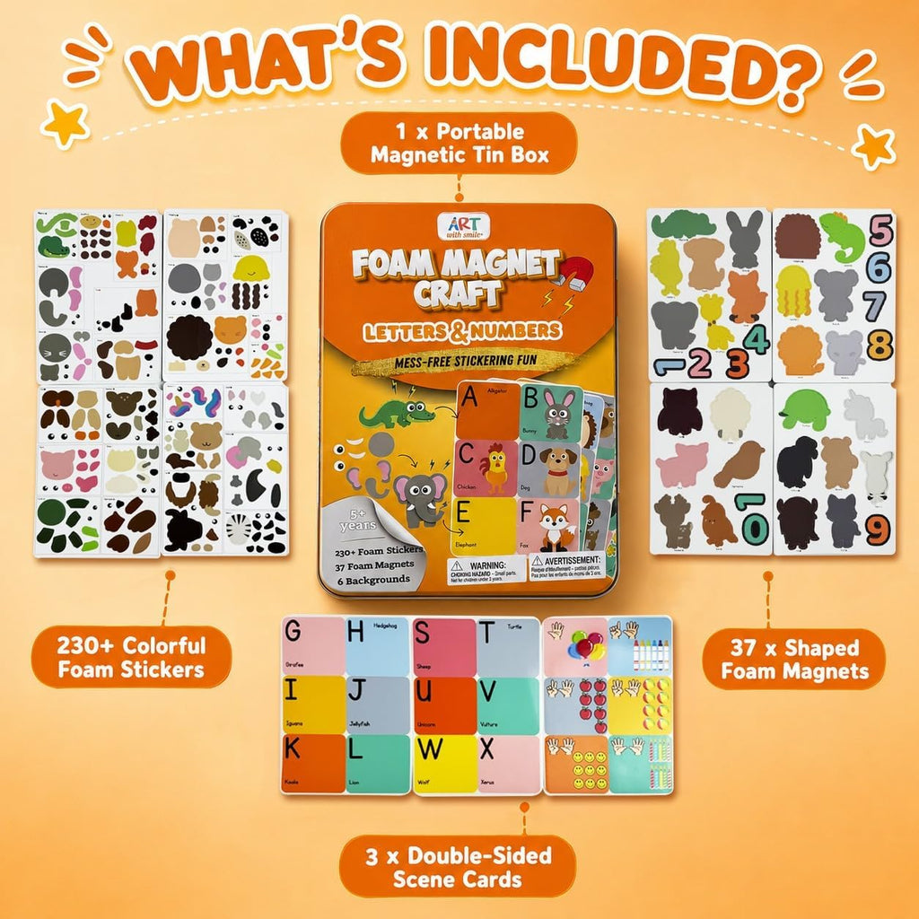 Kit de manualidades de espuma de caja de lata magnética, letras y números magnéticos grandes, imanes del alfabeto para niños, artes y manualidades sin desorden para niños, juguetes de actividades