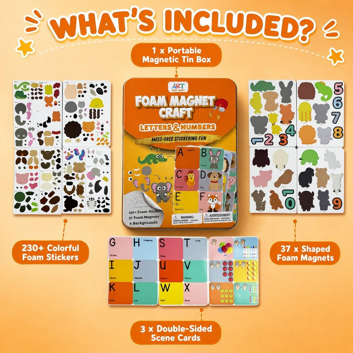 Kit de manualidades de espuma de caja de lata magnética, letras y números magnéticos grandes, imanes del alfabeto para niños, artes y manualidades sin desorden para niños, juguetes de actividades