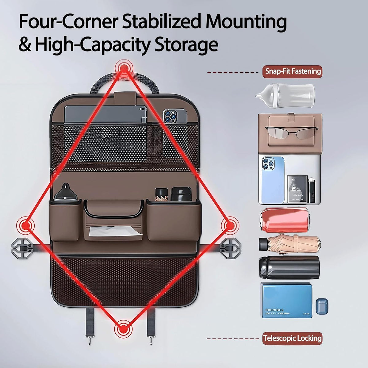 Paquete de 2 organizadores universales plegables para asiento trasero de automóvil con bandeja de mesa, protector de asiento de automóvil con soporte para teléfono para pantalla táctil, alfombrillas de cuero de primera calidad con bolsillos de
