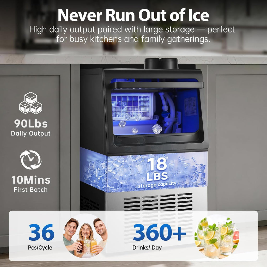 Máquina de hielo comercial de 90 libras, almacenamiento de 18