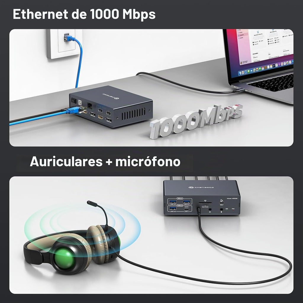 TJCXELE Displaylink - Estación de acoplamiento de 3 monitores con HDMI DP, estación de acoplamiento USB C 19 en 1 para laptop, pantalla triple 4K 60Hz con PD 100W, 10bps USBC/A Ethernet/lectores de tarjetas/audio para M1 M2 M3/Mac y Windows