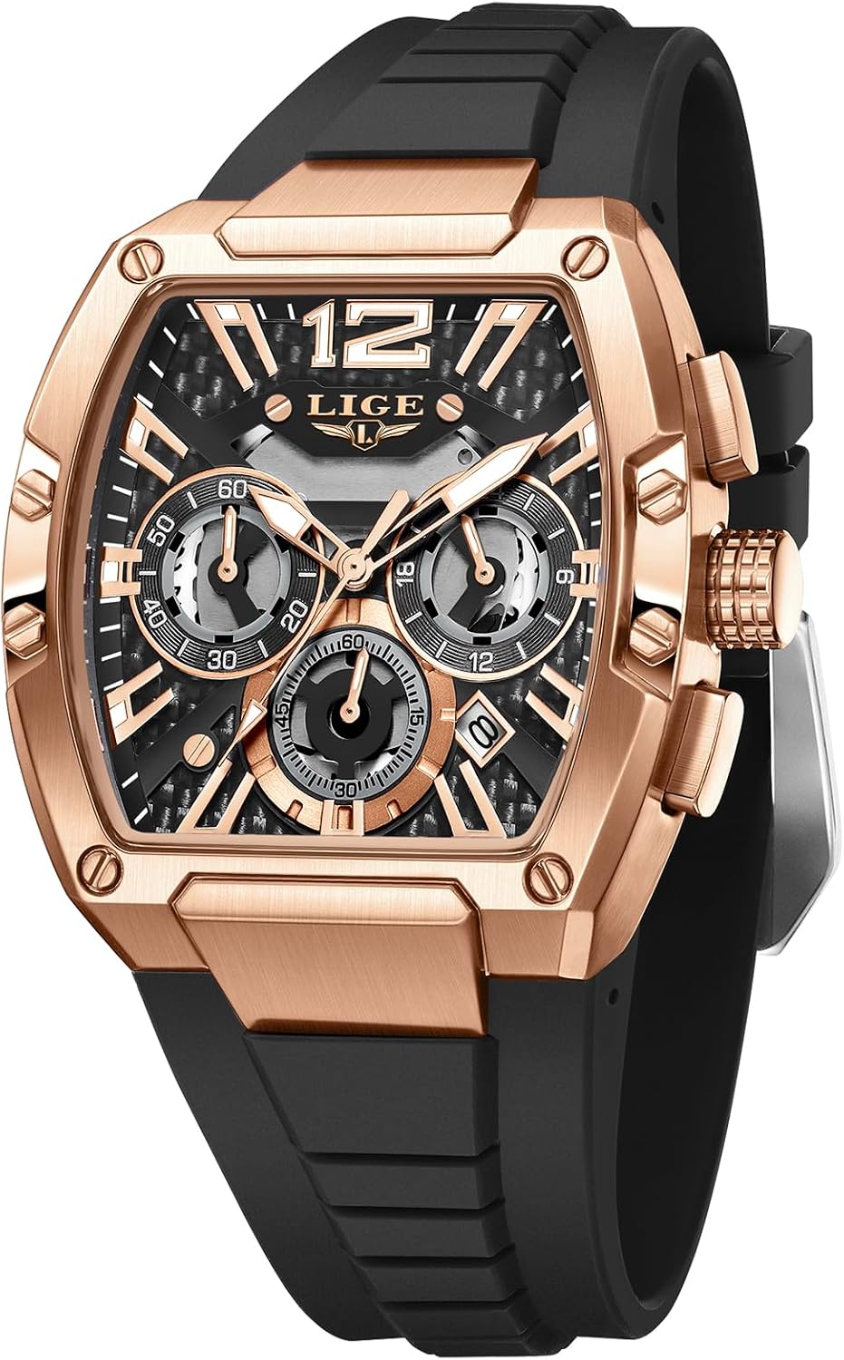 LIGE Reloj Hombre Skeleton Tonneau Cuadrado Cronógrafo Acero Inoxidable