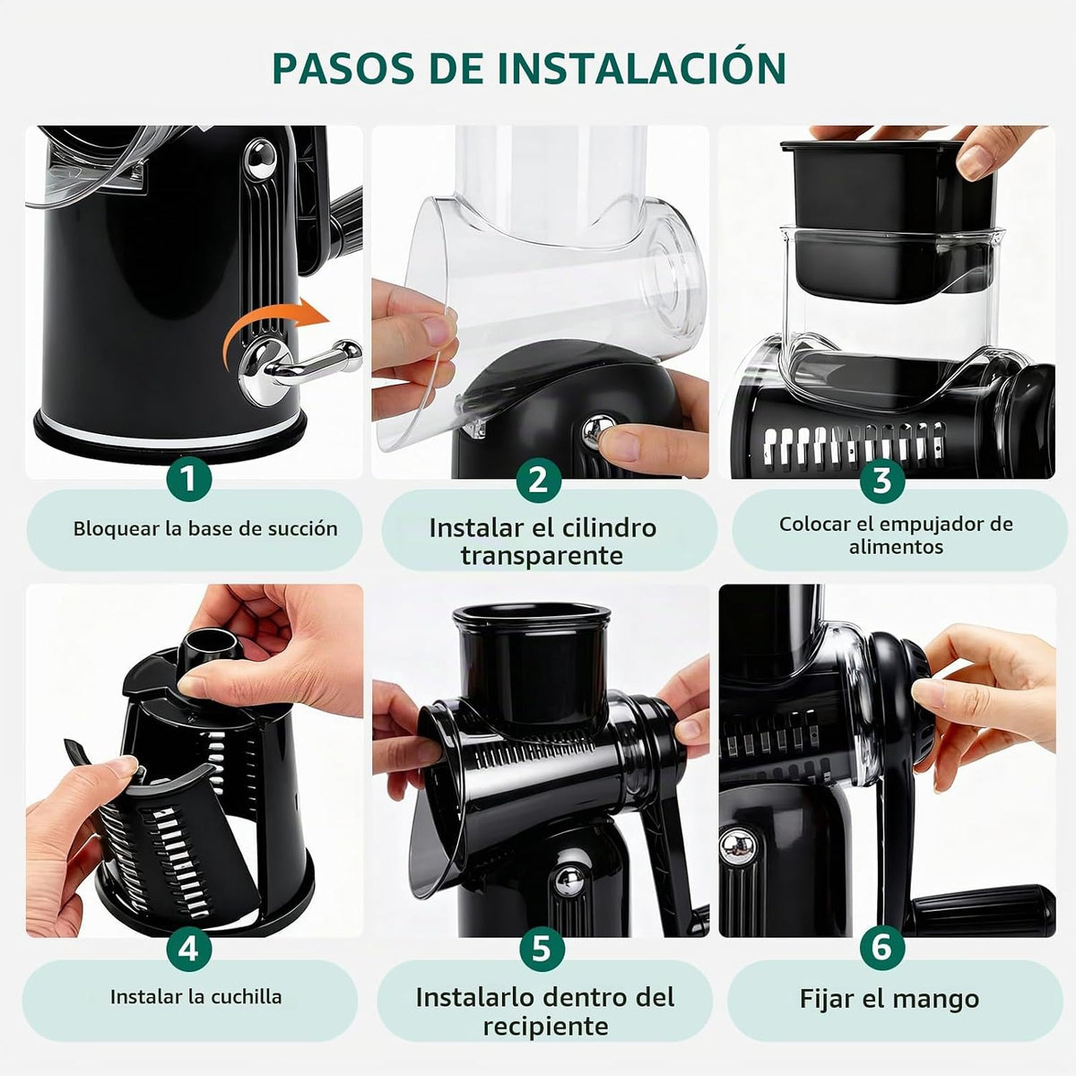 Rallador de queso giratorio de manivela, 5 cuchillas, trituradora de alimentos, picadora, base redonda de succión fuerte, accesorio de cocina con caja de almacenamiento para frutas y