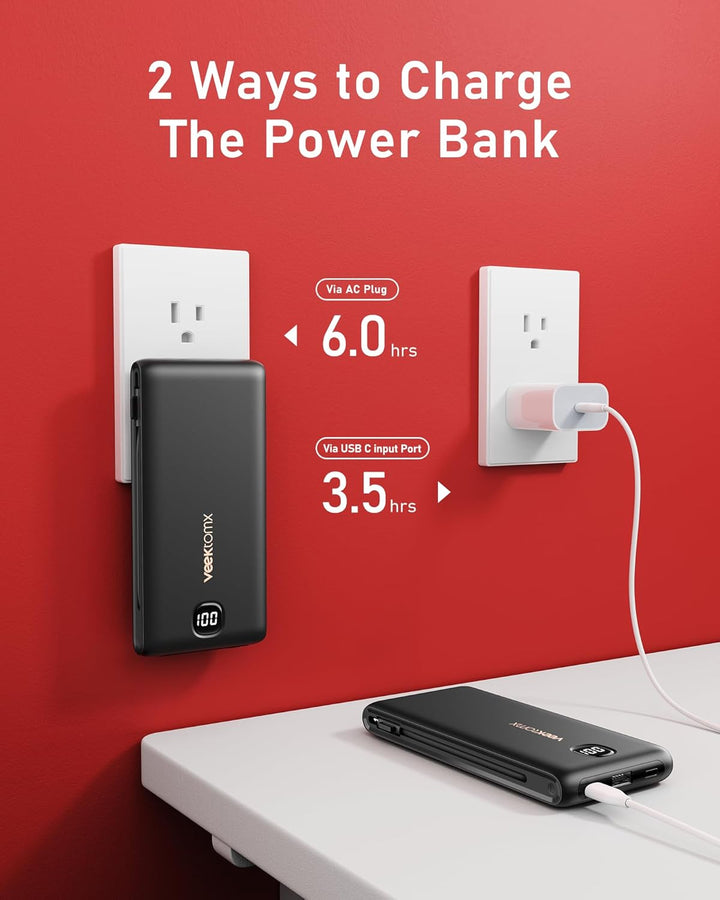 VEEKTOMX - Cargador portátil con cables incorporados de 10000 mAh,...