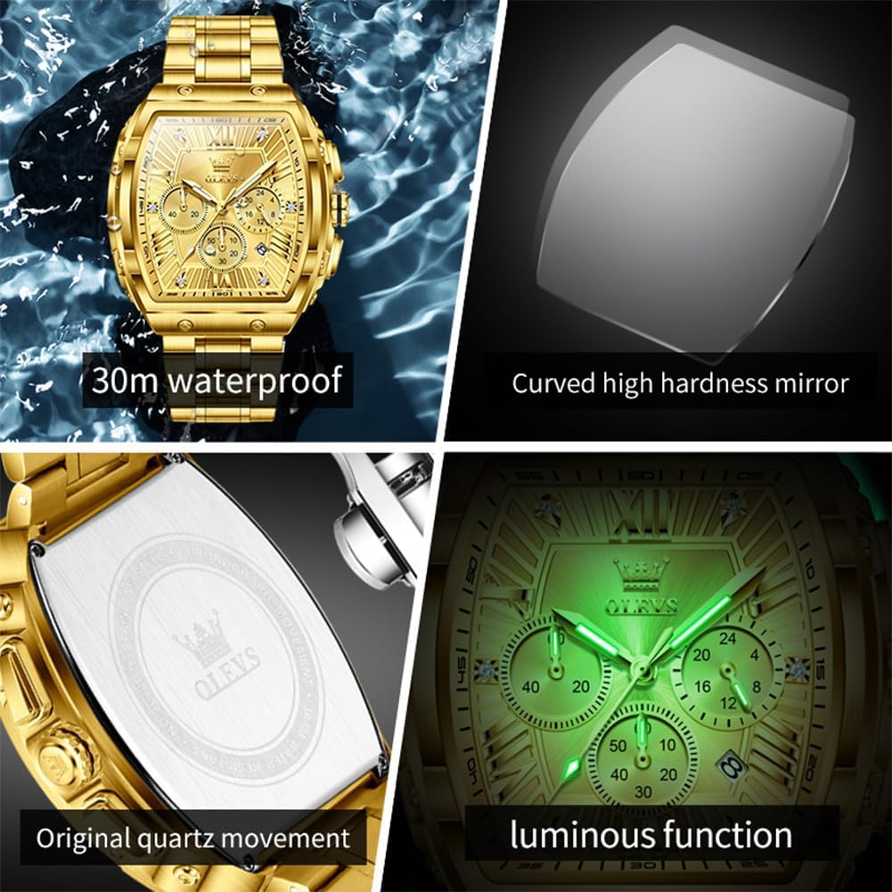OLEVS Reloj para Hombres Analógico Cuarzo Lujo Diamante Resistente al Agua Cronógrafo Acero Inoxidable Carita Grande Cuadrado Fecha Fase Lunar Romano Relojes de Vestir para Hombres