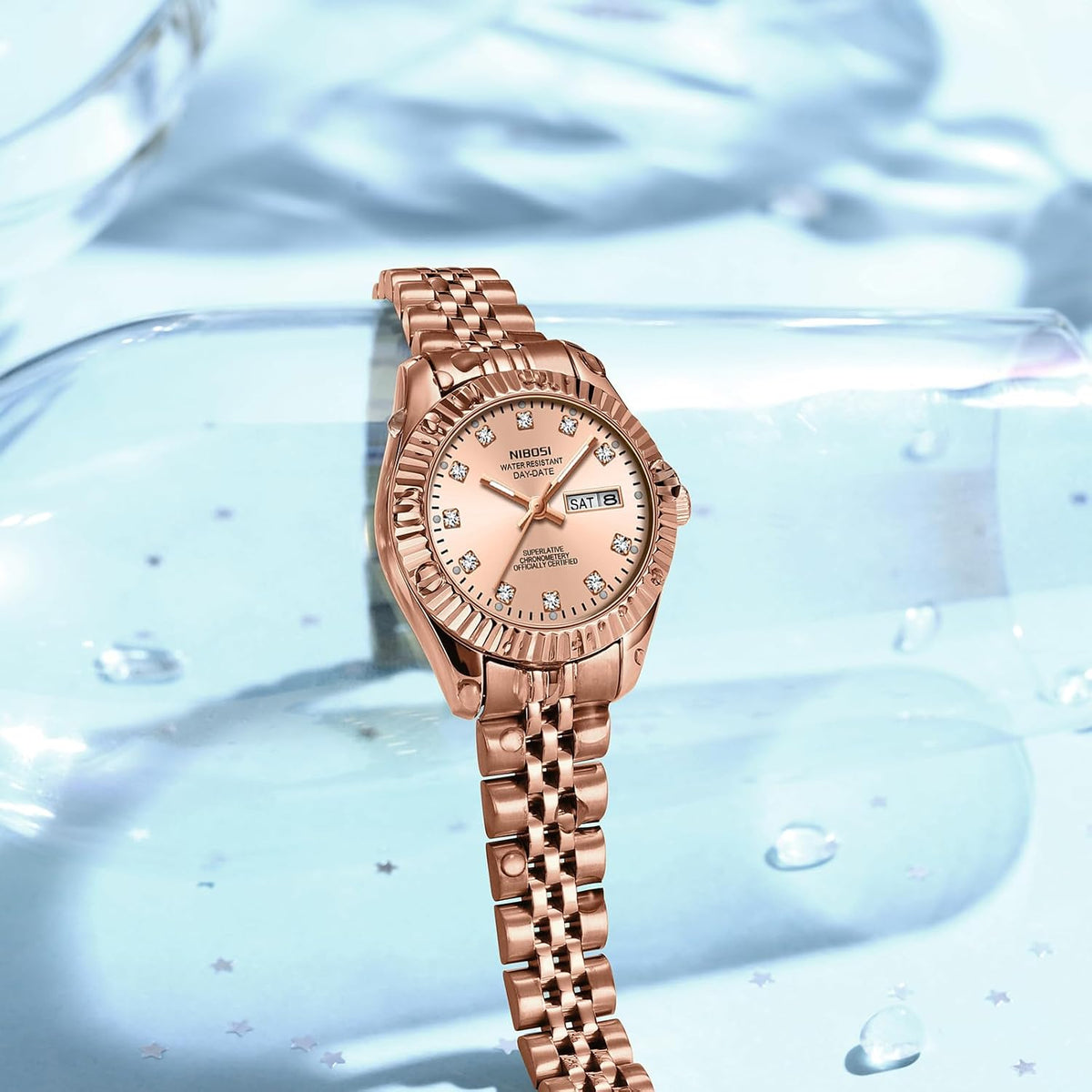 NIBOSI Relojes para mujeres, reloj analógico de cuarzo, esfera de acero inoxidable con día y fecha, luminoso, impermeable, elegante, clásico, de diamante, lujoso, para muñecas pequeñas