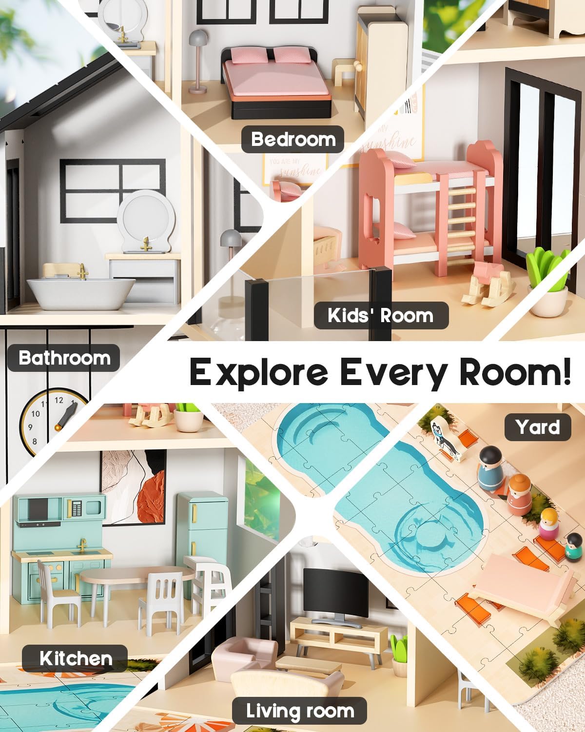 Casa de muñecas de madera para niñas de 3 a 8 años, 5 habitaciones