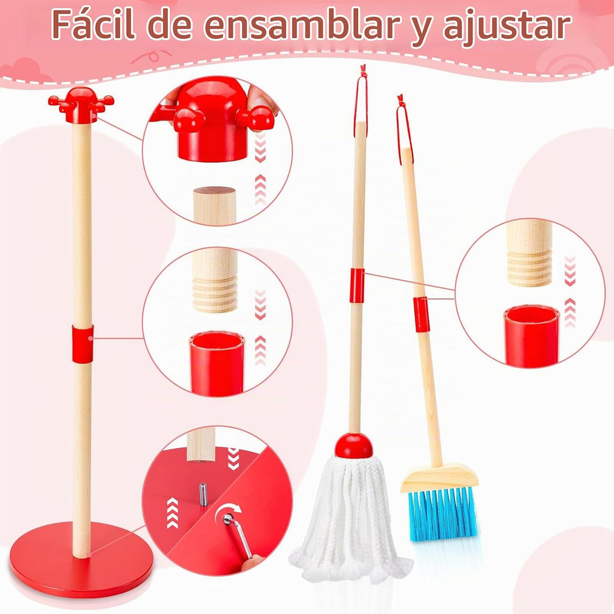 WHOLL - Juego de juguetes de limpieza de madera para niños, escoba y recogedor para limpieza de 9 piezas, juego de escoba y trapeador para niños pequeños de 3 a 6 años, juguetes de limpieza con