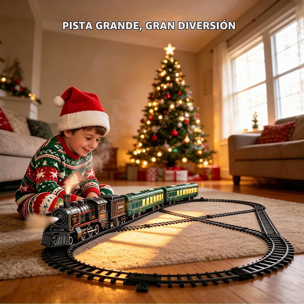 Juegos de tren eléctrico para niños, juguetes de tren de Navidad de aleación de metal, locomotora de vapor, vagones de pasajeros brillantes, pistas de lujo, luz y sonidos, regalos de cumpleaños recargables para niños y niñas, rojo y verde