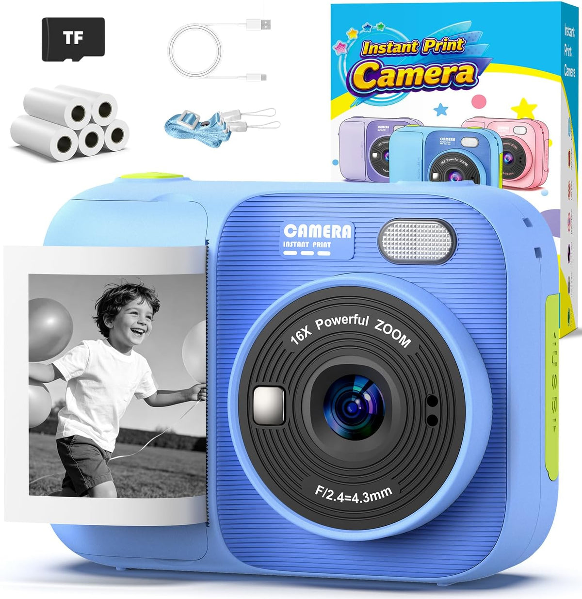 Cámara de impresión instantánea para niños con 5 rollos de papel de impresión, cámara HD 1080P, cámara portátil recargable para selfies, regalos de cumpleaños de Navidad, juguetes para niños y niñas