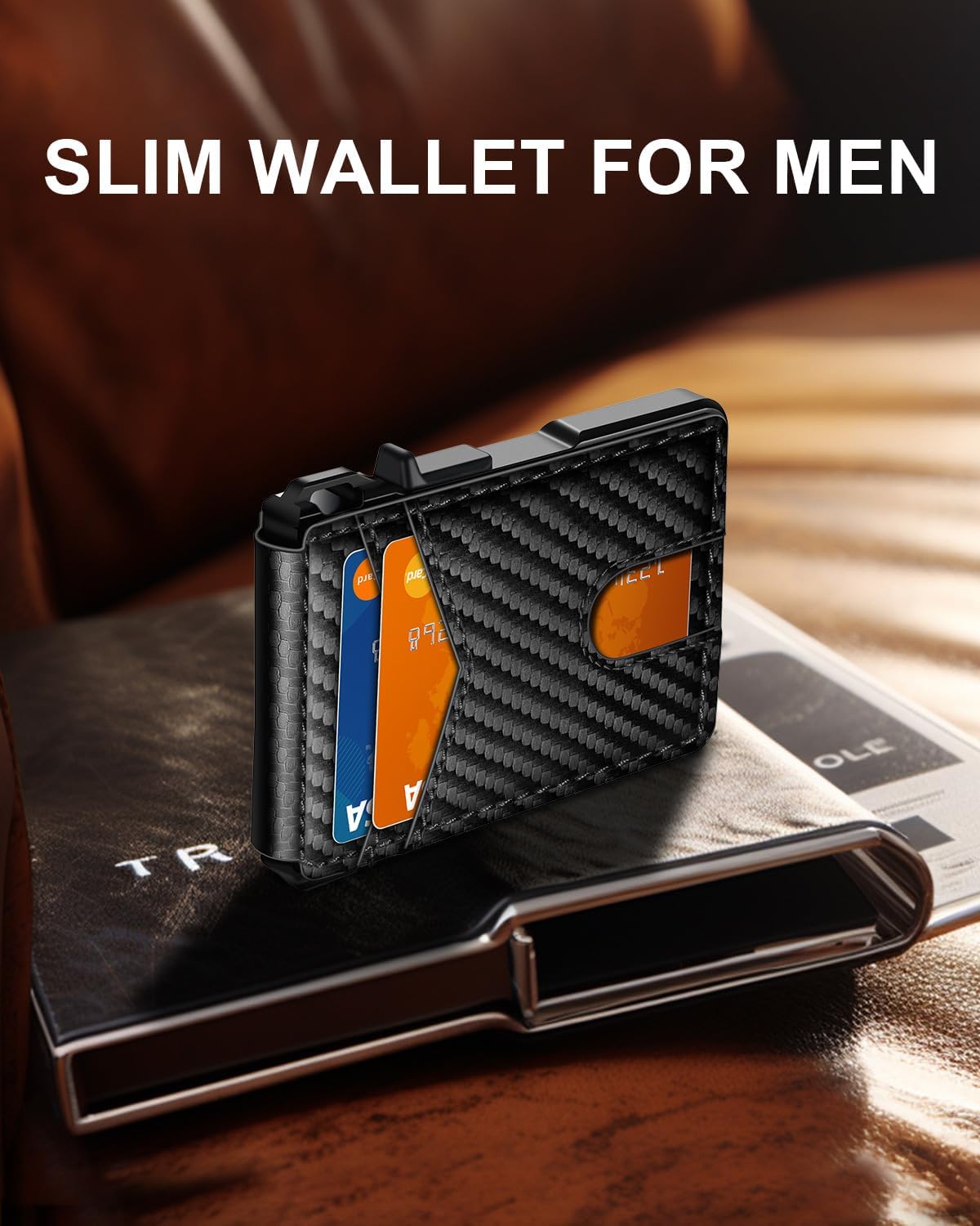Cartera minimalista para hombre 9-13 tarjetas RFID bloqueo cartera delgada, Fibra de carbono y azul