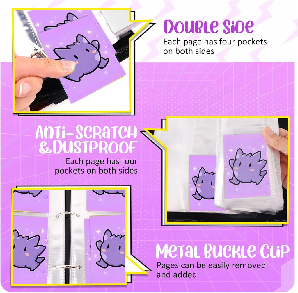 Carpeta de tarjetas de 4 bolsillos, soporte para tarjetas intercambiables para 400 tarjetas con 50 fundas extraíbles, tarjeta de colección portátil, libro de tarjetas de juego con cremallera para