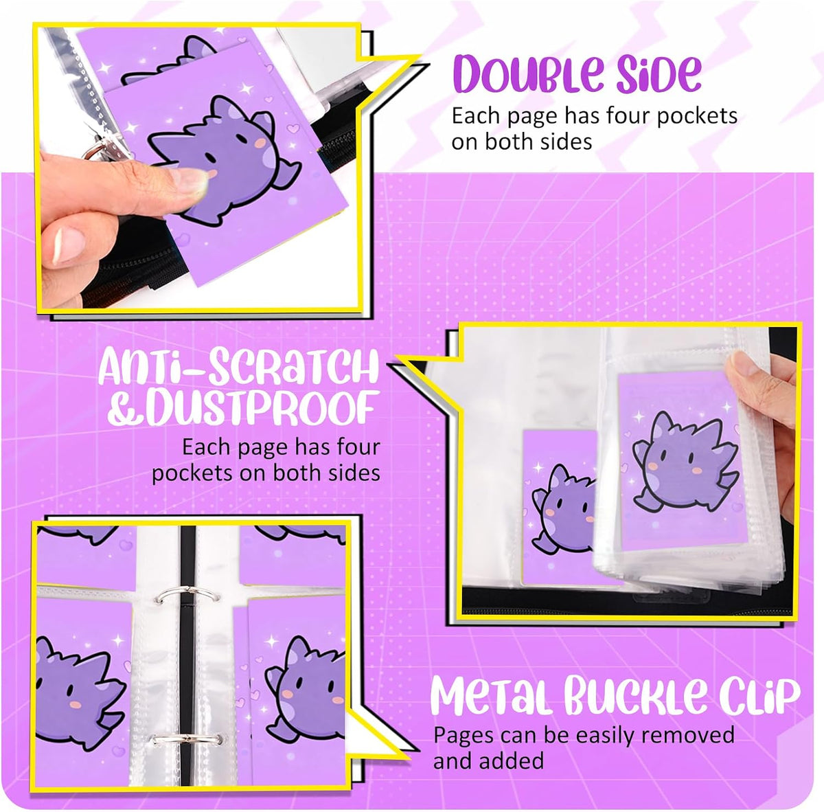Carpeta de tarjetas de 4 bolsillos, soporte para tarjetas intercambiables para 400 tarjetas con 50 fundas extraíbles, tarjeta de colección portátil, libro de tarjetas de juego con cremallera para