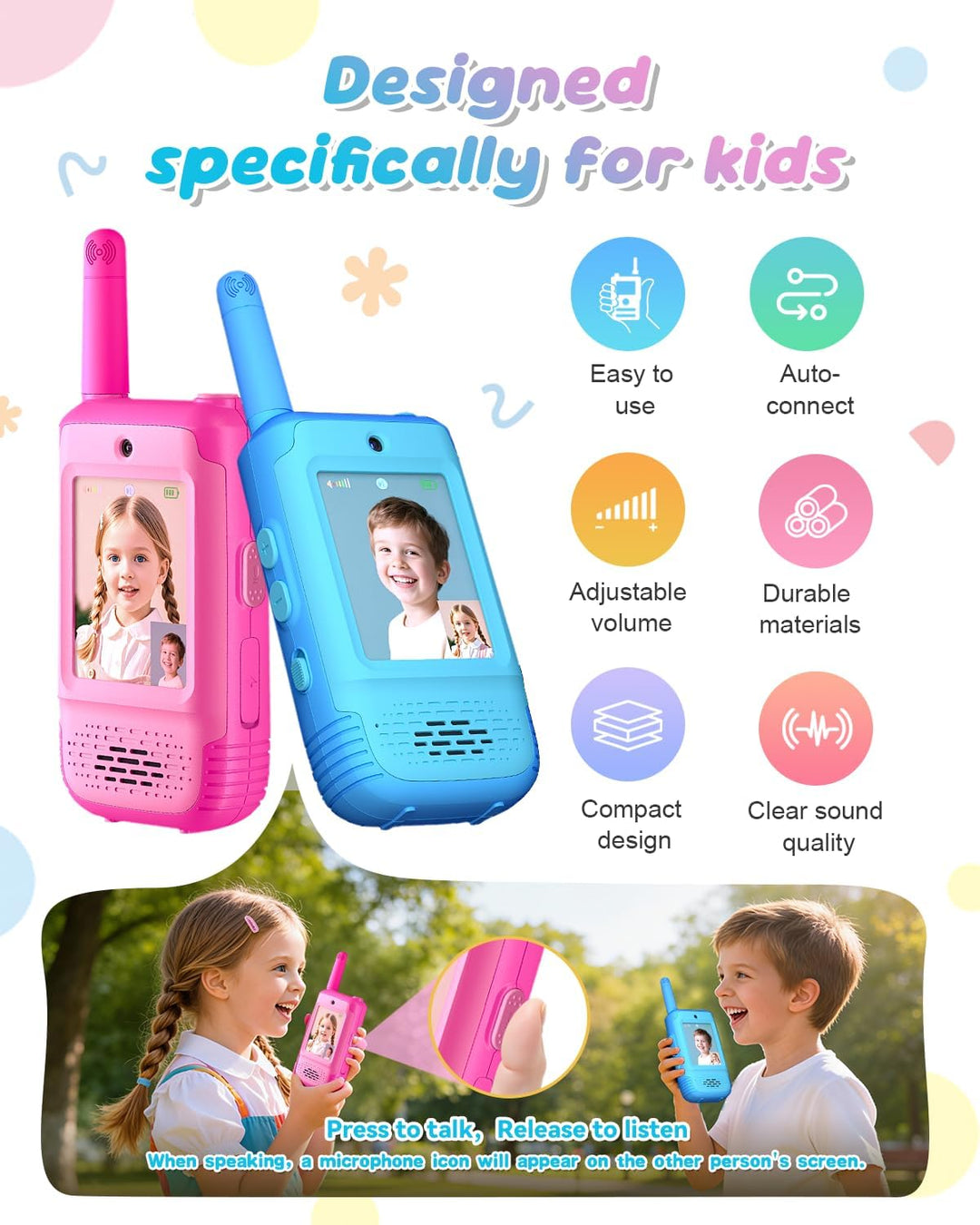 Walkie Talkies de video para niños, paquete de 2 con 3 cambiadores...
