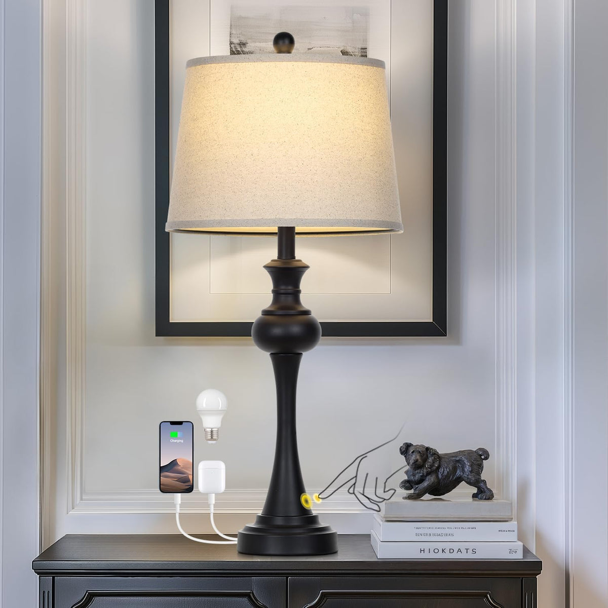 Lámpara Lámparas de mesa modernas negras de 28.75 pulgadas para sala de estar, lámpara de noche con puertos USB A+C y salidas de CA, lámparas táctiles regulables de 3 vías para sala de estar, lámpara de mesita de noche bombilla LED incluida (1 unidad)