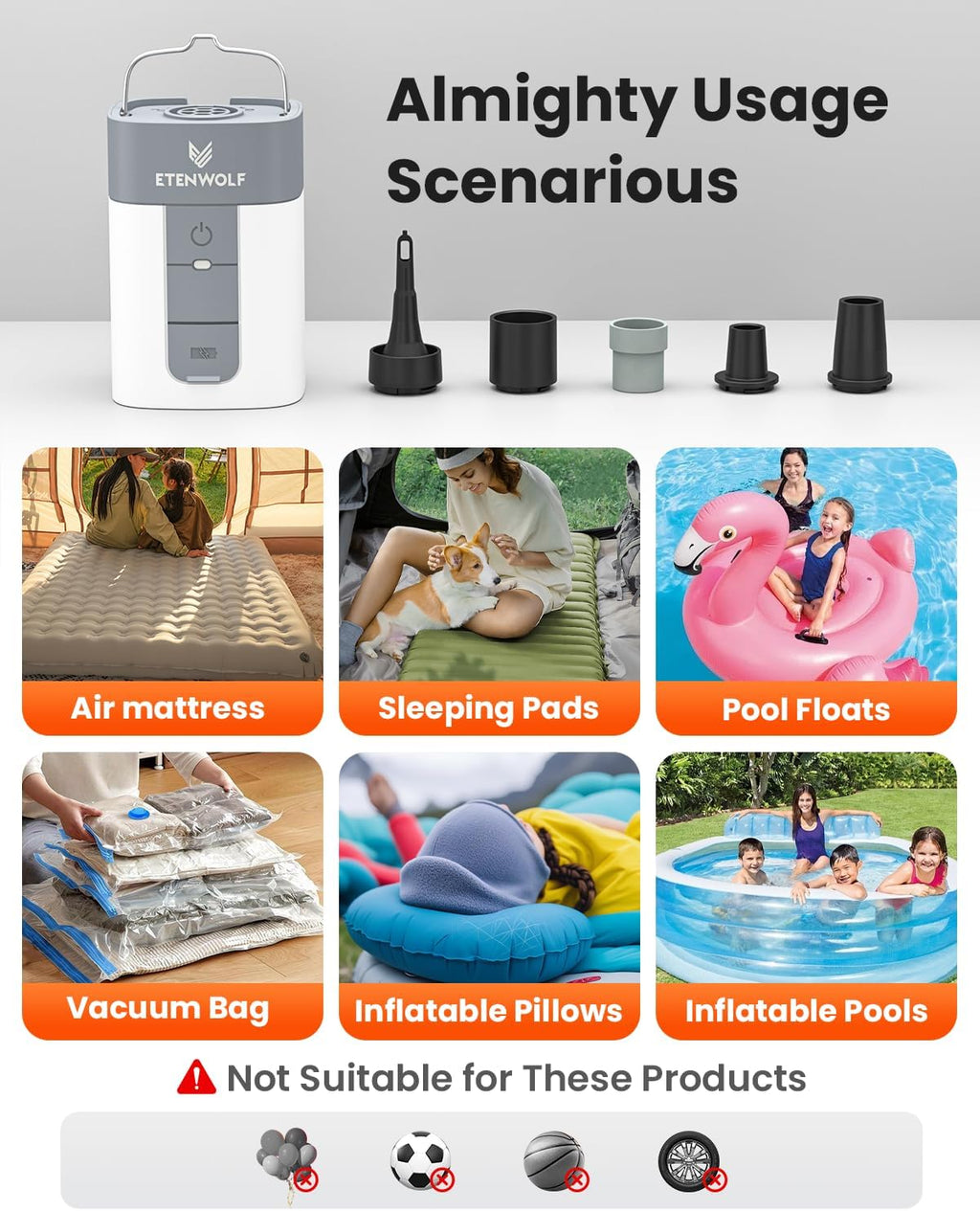 ETENWOLF AIR 5 - Bomba de aire para inflables, bomba de aire eléctrica portátil con batería de 5200 mAh, inflador rápido y desinflador 4X, bomba de 4.5 kPa y 720 L/min para flotadores de piscina