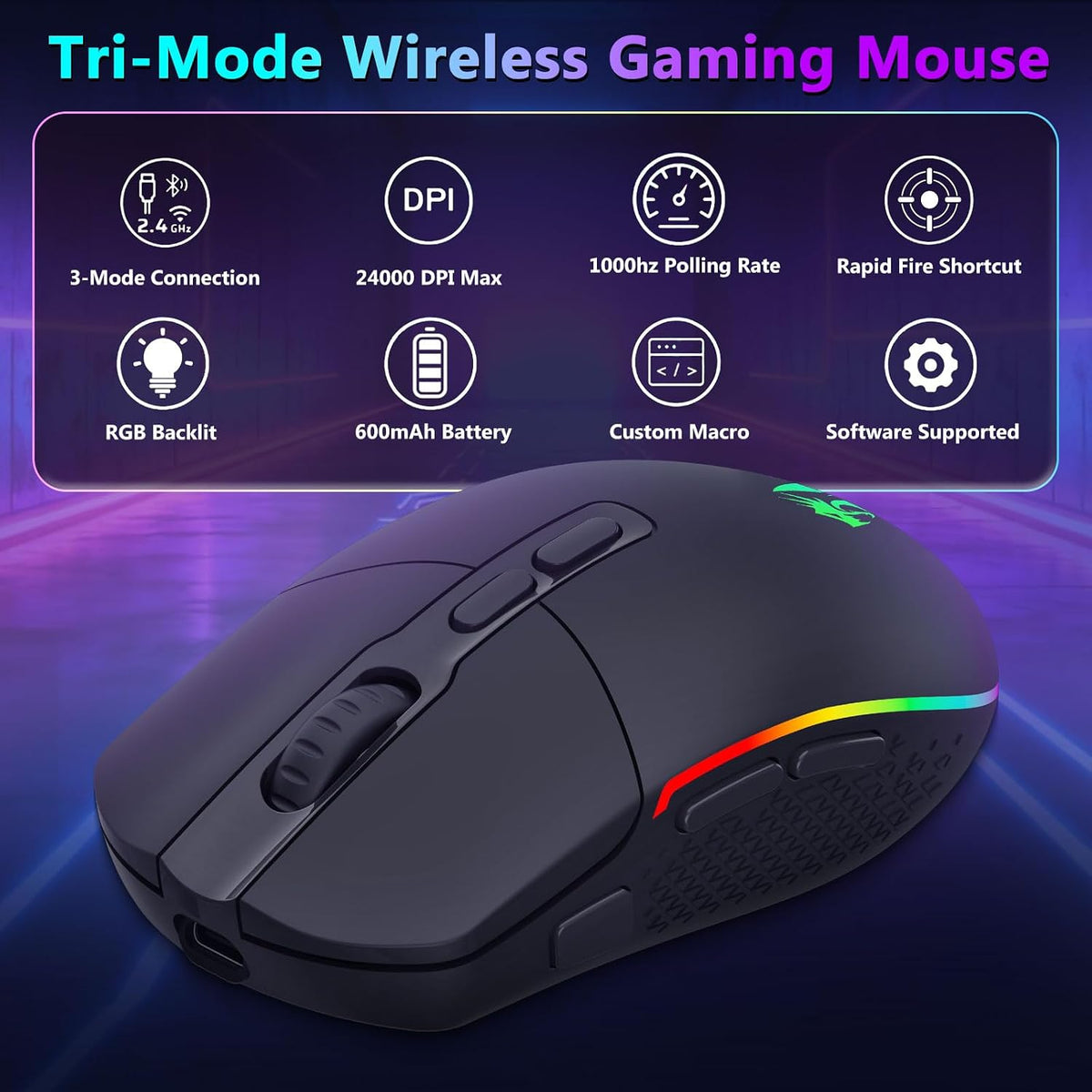 Redragon Mouse inalámbrico para juegos, Bluetooth\/2.4Ghz\/USB-C, c...