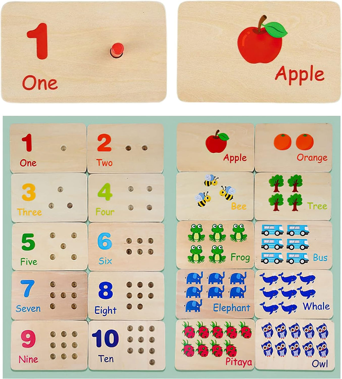 Montessori Bloques de conteo de números, juguetes de tablero de clavijas, materiales de manipulación matemática de madera para preescolar, juguete de aprendizaje Montessori para niños de jardín de infantes (clavija colorida)