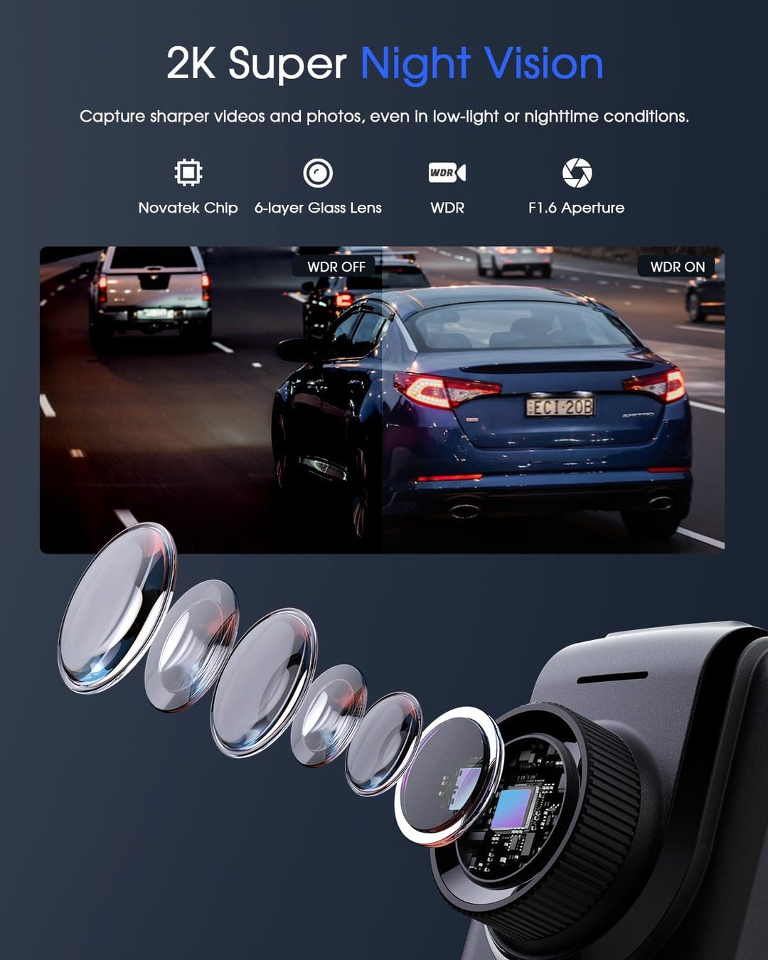 Dash Cam WiFi 2K cámara de coche con aplicación GPS