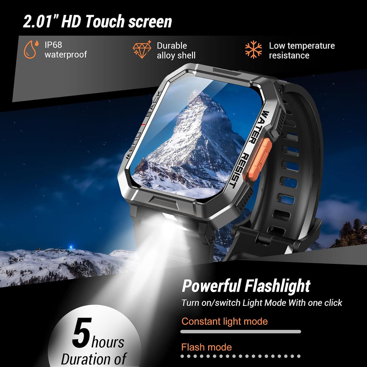 Reloj inteligente militar para hombre (respuesta/hacer llamadas), reloj inteligente de 2.01 pulgadas para Android y iPhone, rastreador de actividad física con linterna/brújula/batería de 100 días/frecuencia cardíaca/sueño/más de 100 modos deportivos (2
