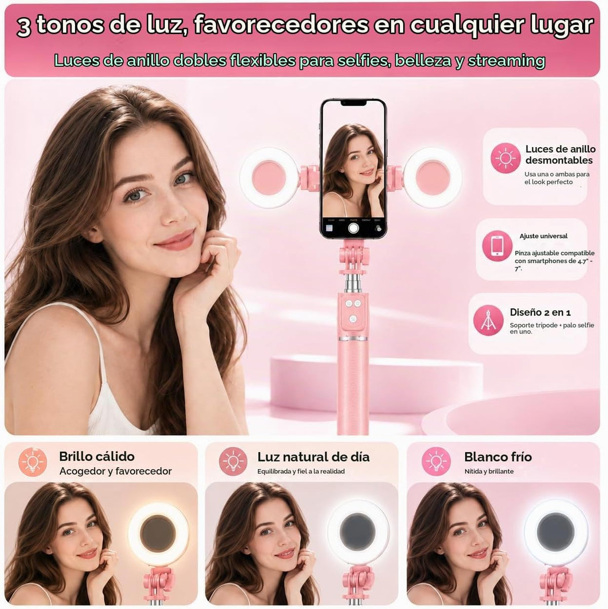 Trípode para iPhone con luz, palo selfie para iPhone, soporte de trípode
