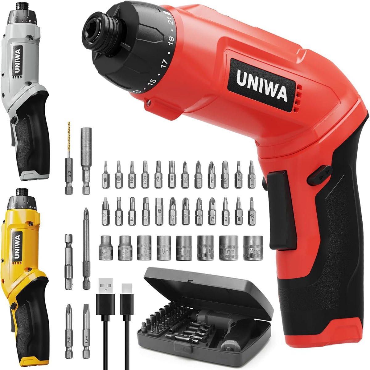 UNIWA - Destornillador eléctrico inalámbrico recargable, taladro eléctrico de 650 RPM, color rojo