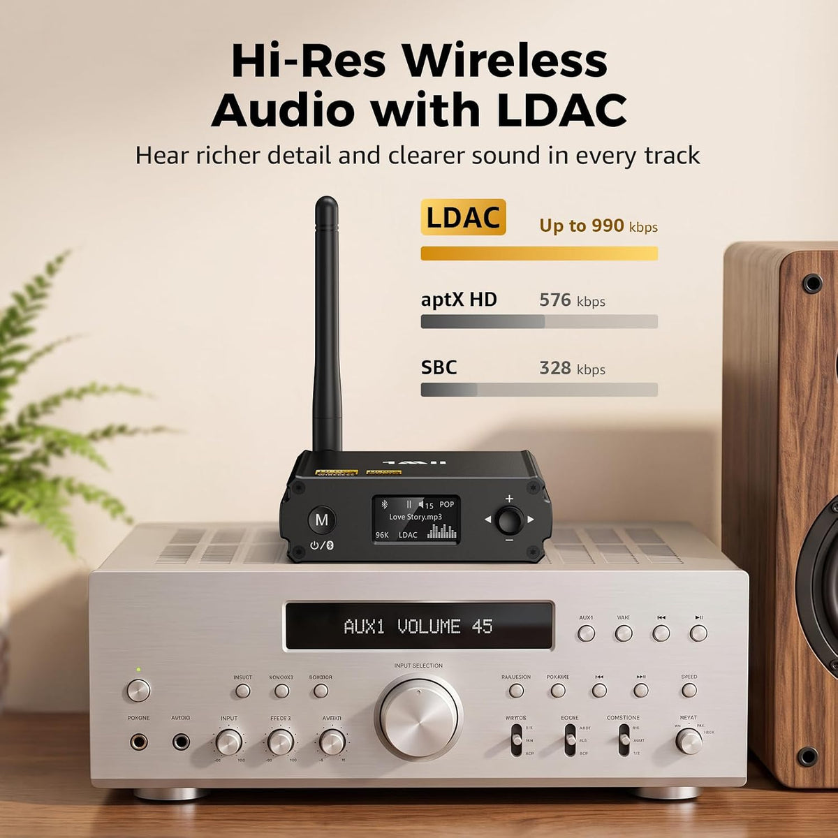 1Mii Receptor Bluetooth DS220 para estéreo doméstico, LDAC de alta resolución y adaptador de audio de alta fidelidad aptX HD con DAC audiófilo, salidas ópticas/RCA para sistema estéreo, amplificador