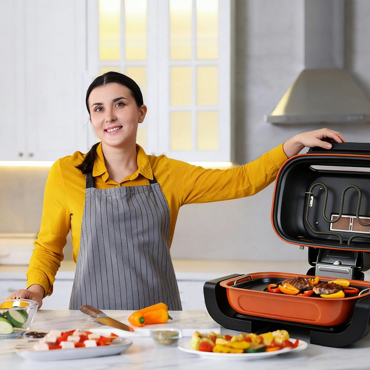 Techwood - Parrilla eléctrica para exteriores, parrilla eléctrica 3-1 para cocina en interiores y exteriores, parrilla coreana de 1300 W con perilla de control de temporizador, asar, tostar, parrilla
