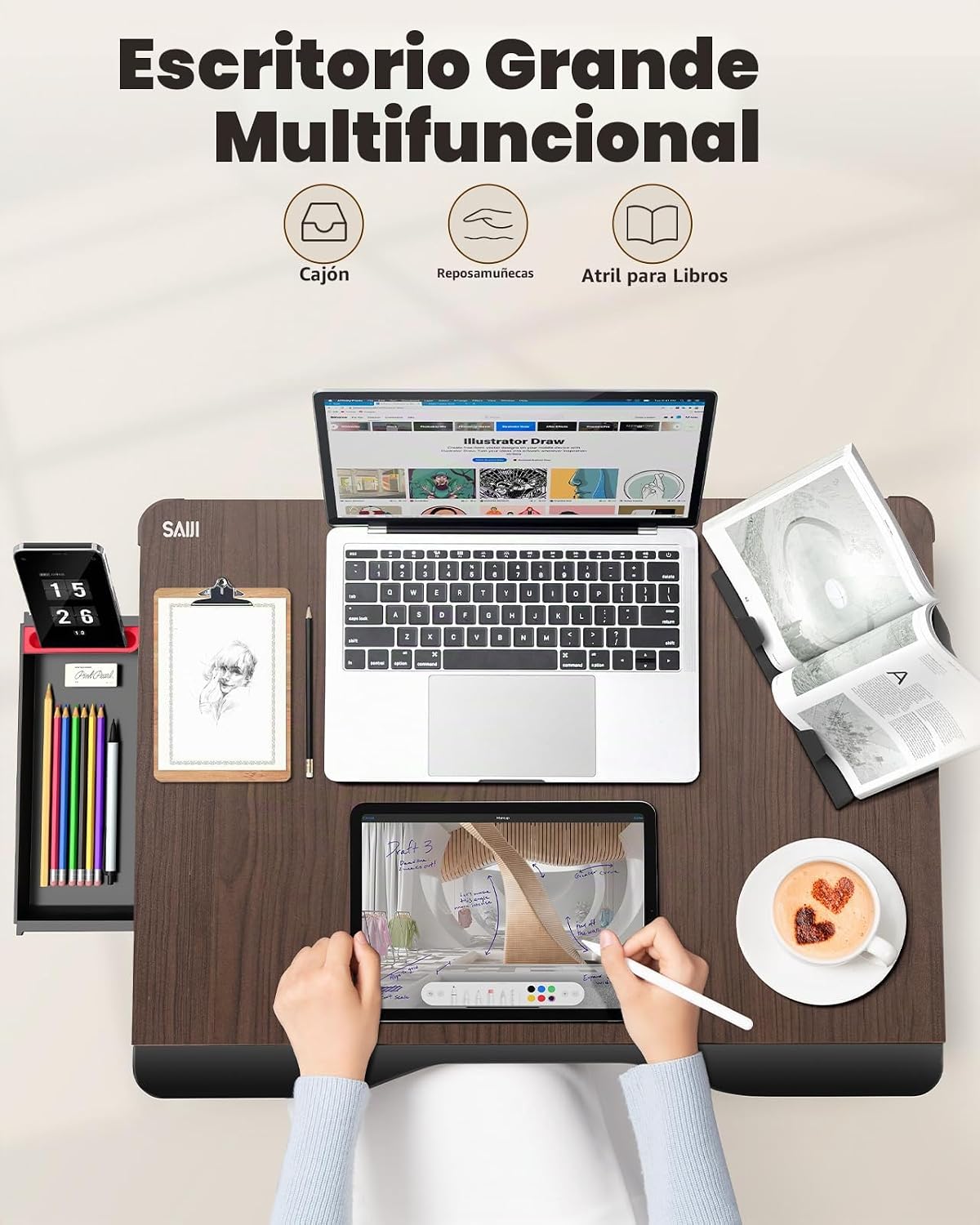 SAIJI - Escritorio para computadora portátil para cama, mesa de cama plegable XXL, 25.6 x 19.3 pulgadas