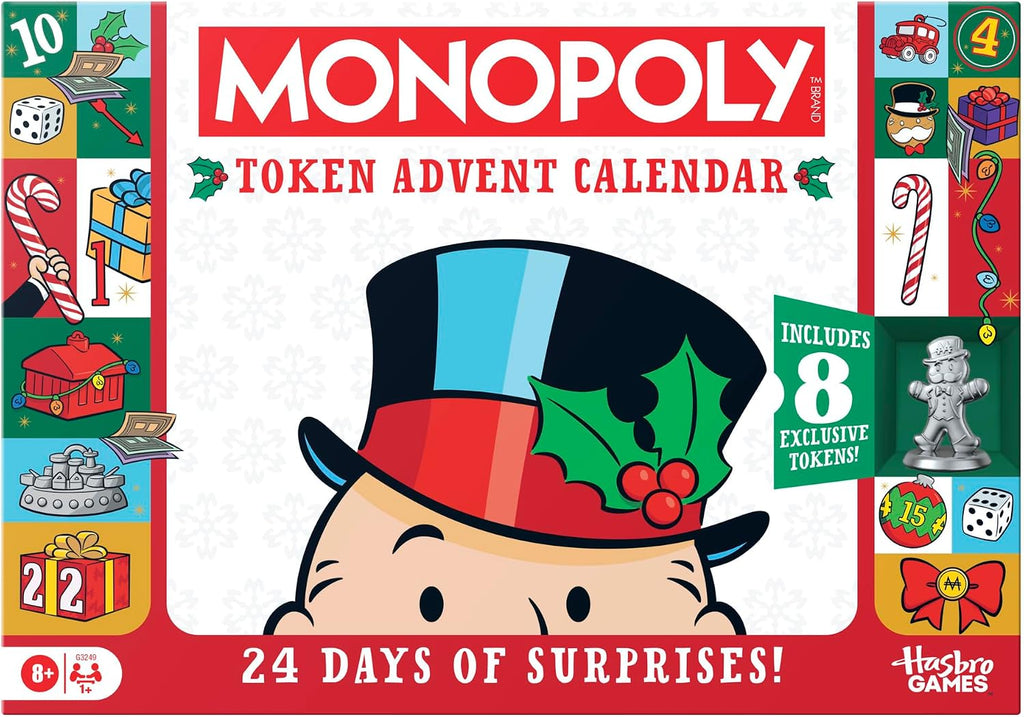 Calendario de Adviento Monopoly Token | Cuenta regresiva de 24 días con 24 fichas (incluyendo 8 fichas exclusivas) | Navidad para niños | A partir de 8 años
