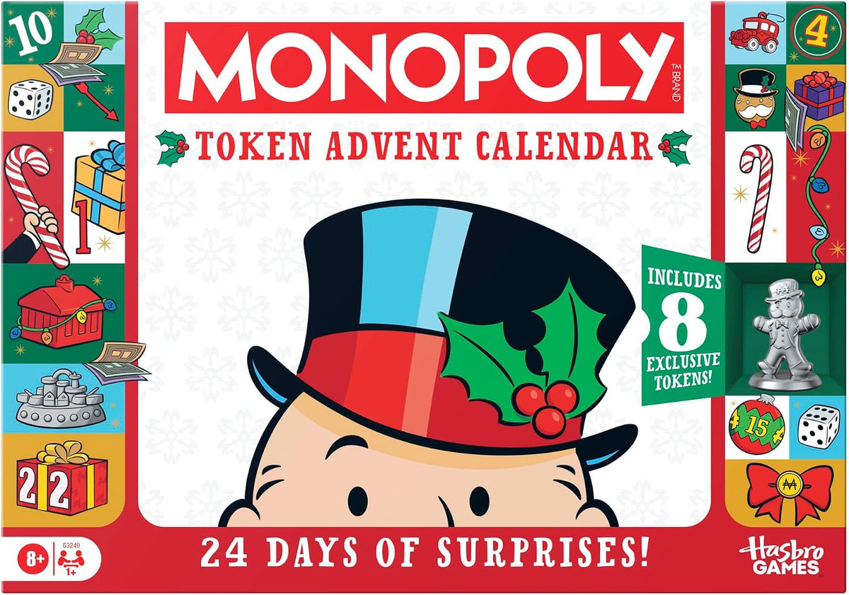 Calendario de Adviento Monopoly Token | Cuenta regresiva de 24 días con 24 fichas (incluyendo 8 fichas exclusivas) | Navidad para niños | A partir de 8 años