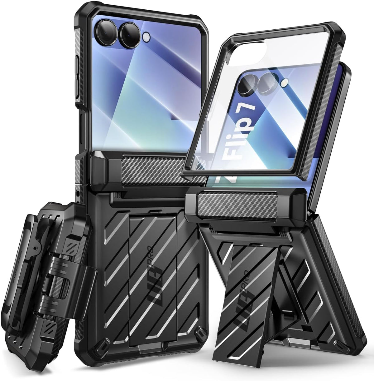SUPCASE Funda para Samsung Galaxy Z Flip 7 con soporte integrado y clip para cinturón (Unicorn Beetle Pro), [protección de bisagra] [protector de pantalla de vidrio templado frontal] cubierta de