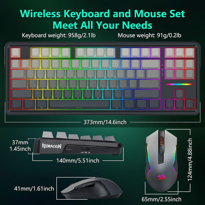Redragon Combo de teclado mecánico inalámbrico y mouse, Bluetooth\/...