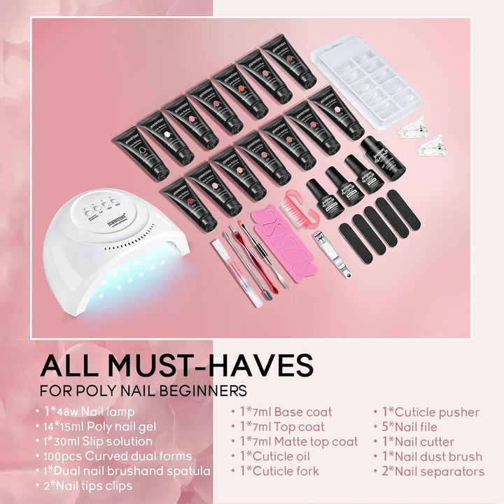 JEWHITENY Kit de uñas de gel de extensión de polímero de 14 colores...