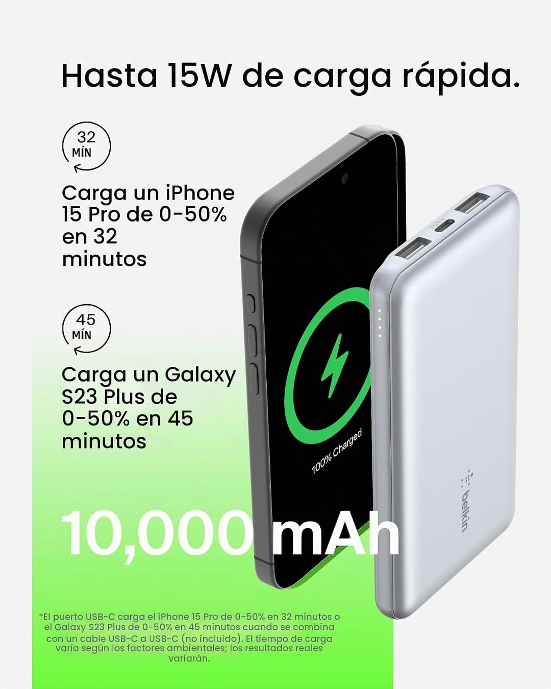 Cargador portátil Belkin, banco de energía USB C de 10,000 mAh con...